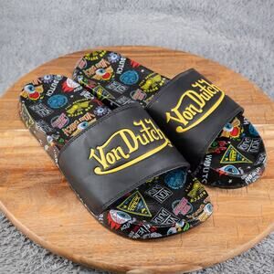 Von Dutch Men's Black Jax All Over Print Slides Size 11 Summer Sandals